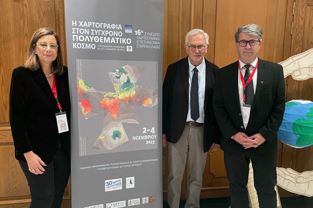 Current President of HCS Chrysoula Boutoura, Former President and ICA Honorary Fellow Evangelos Livieratos and ICA President Georg Gartner at the Hellenic Cartographic Conference in Athens, November 2023